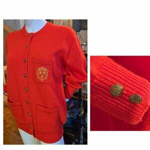 Vintage Scarlet Cardigan with Brass Accents
